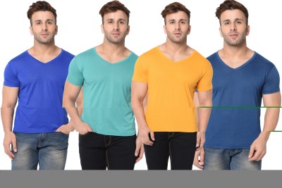 Adorbs Solid Men V Neck Dark Blue, Light Green, Yellow T-Shirt