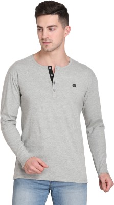 FARICON Solid Men Henley Neck Grey T-Shirt