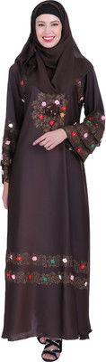 Vaquita Polyester Self Design Abaya With Hijab(Brown)