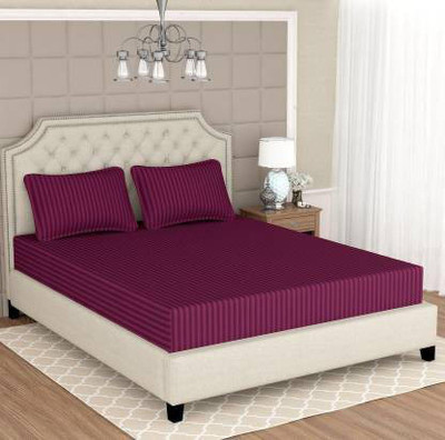 Divine Homes 220 TC Microfiber Double Striped Fitted (Elastic) Bedsheet(Pack of 1, Wine)