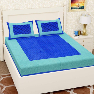 Deepika Imports 250 TC Cotton Double Jaipuri Prints Flat Bedsheet(Pack of 1, Dark Blue, Green)
