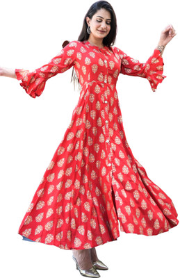 Vastranikhar Women Printed Gown Kurta(Red)