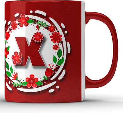 Unbounded Company Alphabet X Floral Pattern Red Ceramic Coffee Mug(325 ml)