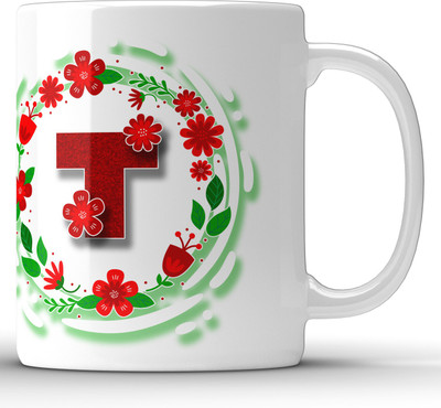 Unbounded Company Alphabet T Floral Pattern White Ceramic Coffee Mug(325 ml)