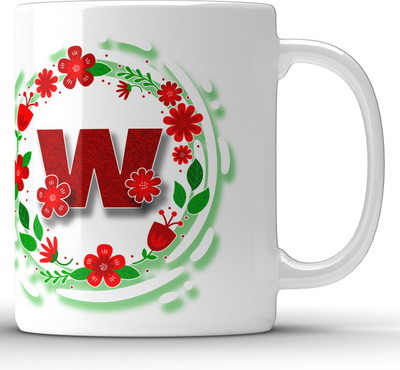 Unbounded Company Alphabet W Floral Pattern White Ceramic Coffee Mug(325 ml)