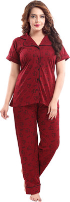 Womenoire Women Printed Maroon Shirt & Pyjama set