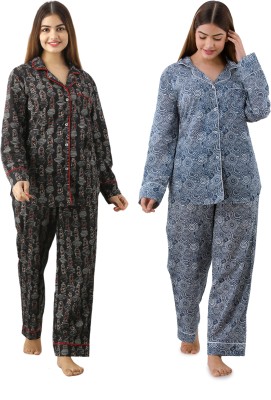 Poopii Women Printed Black, Blue, Multicolor Shirt & Pyjama set