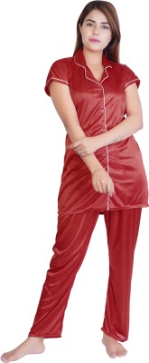 WILDSELF Women Solid Maroon Shirt & Pyjama set