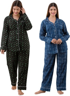 Poopii Women Printed Black, Blue, Multicolor Shirt & Pyjama set