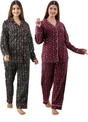 Poopii Women Printed Black, Blue, Maroon, Multicolor Shirt & Pyjama set
