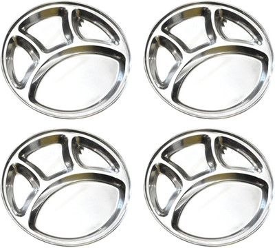 Omkar Enterprises Stainless Steel Round Plate - 4 Partition Divided, Lunch/Dinner/Bhojan/Thali Plates - 3 Unit Sectioned Plate(Pack of 4)