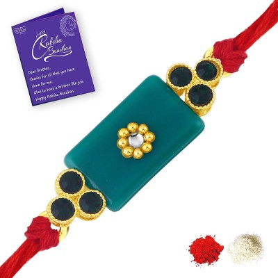 Sukkhi Thread RAK73413_2021 Gold Rakhi, Greeting Card, Chawal Roli Pack  Set(1 Rakhi, Greeting Card, Roli, Chawal)