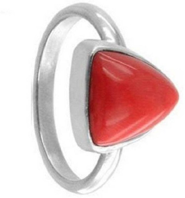 KUNDLI GEMS Coral Ring Original Precious Stone Triangle Moonga Stone Certified and Astrological Purpose for unisex Stone Coral Silver Plated Ring