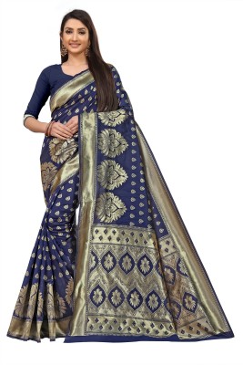 Shoppershopee Woven Banarasi Silk Blend Saree(Dark Blue, Gold)