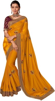 Vinayak Textile Embroidered Bollywood Satin Saree(Yellow, Maroon)