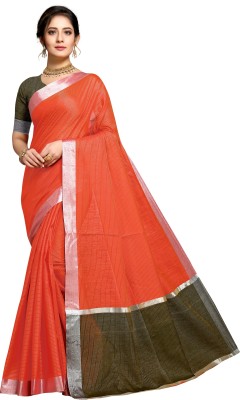 COSBILA FASHION Self Design, Striped Bollywood Cotton Silk Saree(Red)