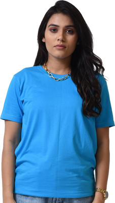 BLOOPERS Solid Women Round Neck Blue T-Shirt