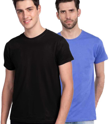 DS WORLD Solid Men Round Neck Light Blue, Black T-Shirt