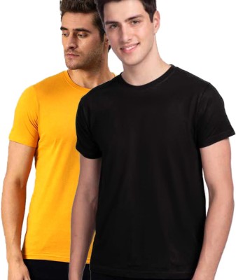 DS WORLD Solid Men Round Neck Black, Yellow T-Shirt