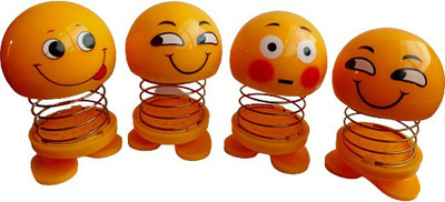 GRAB DEAL Smiley Face Spring Doll For Car Dashboard Kids Toy Emoji Shaking Head Doll Car (Pack Of 4)(Yellow)