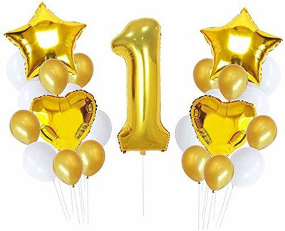 SV Traders Solid 1st Birthday Decoration Balloons Combo Kit Of 35 Pcs-1 No.Golden Foil 16 Inches Balloon(1)+Foil Golden Stars(2)+Heart(2)+Metallic Balloons(Golden 15+Whit