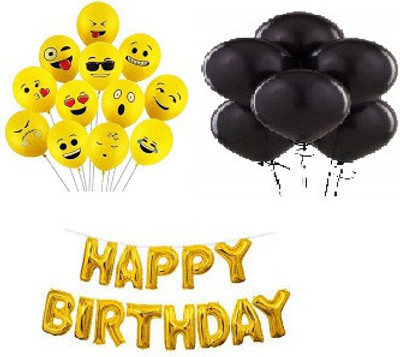 StyleonNation Outright Solid Yellow Emoji Printed Ballons Pack of 50 + Mettalic Black Party Balloons Pack of 50 + HAPPYBIRTHDAY Golden Silver Ballons pack of 13 alphabets