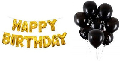StyleonNation Outright Solid HAPPYBIRTHDAY Golden Ballons pack of 13 alphabets + Mettalic Black Party Balloons Pack of 25 Pieces Balloon(Black, Gold, Pack of 38)