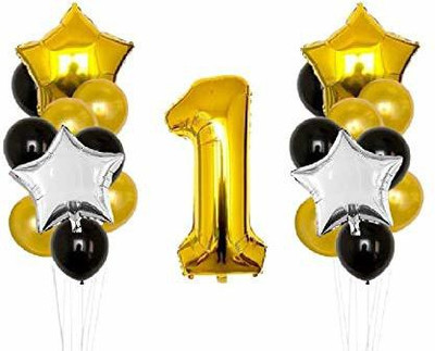 SV Traders Solid 1st Birthday Decoration Balloons Combo Kit Of 35 Pcs-1 No.Golden Foil 16 Inches Balloon(1)+Foil Stars 18