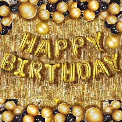 Chunky Funky Store Solid Happy Birthday Golden Foil Letter Balloons(13 foil latter 1 pack)With 30 Pic Black Gold Balloons And 2 Pcs Golden Metallic Fringe Shiny Curtains(