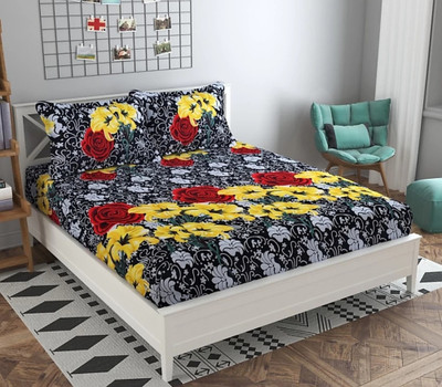 H18 SHEET 160 TC Microfiber Double Printed Flat Bedsheet(Pack of 1, Black, Yellow)