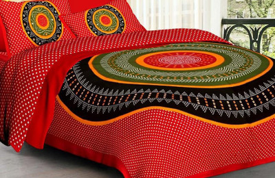 Deepika Imports Cotton Double Flat 250 TC Jaipuri Prints Bedsheet(Pack of 1, Red, Green)