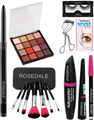 ROSEDALE Smudge Proof Long Lasting Waterproof Kajal & Hilary Rhoda HR-K01-2 Blushed Eyeshadow Palette & 3in1 Eyeliner Mascara Eyebrow Pencil & Professional Set of 7 Naked Makeup Brush & Waterproof False Eyelash Pair & Glue , Curler(15 Items in the set)