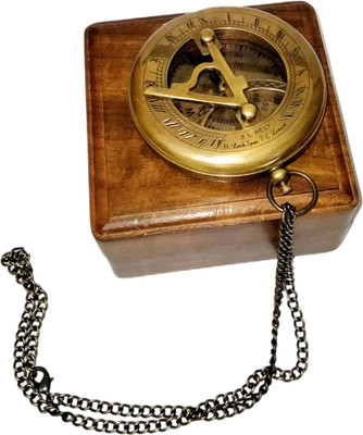 Ascent India Antique Brass Sundial Compass Push button Lid Chain With Wood Box Compass(Brown)