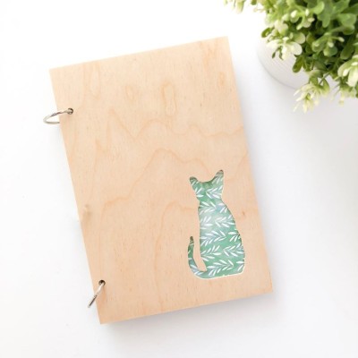 DI-KRAFT Wooden Cover Cat Design diary A5 Diary Unruled 160 Pages(Beige)