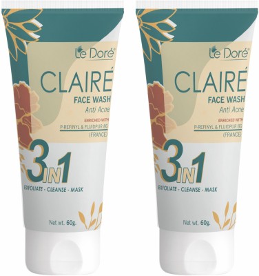 Le Dore Claire Clinically Proven Anti Acne 3 in 1 Clay  with Zinc PCA Witch Hazel Tea Tree Walnut Oatmeal Himalayan Clay | Reduces Acne Blemishes, Clears & Rejuvenates Skin (Pack of 2) Face Wash(120 g)