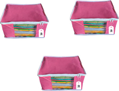 Adwitiya White Border Large Nonwoven Storage Organizer for Clothes Set of 3(Pink)