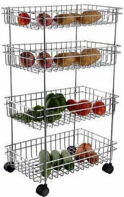 RUVI TECHNOLOGIES Stainless Steel 4-Tier Fruits & Vegetable Onion Trolley Container Basket Organizer Organiser Holder Stand for Kitchen (4 Layer Trolley) Steel Kitchen Trolley (Pre-assembled) Stainless Steel Kitchen Trolley(Pre-assembled)