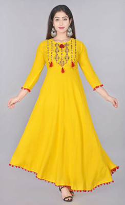 SJFABRIC Women Embroidered Anarkali Kurta(Yellow)