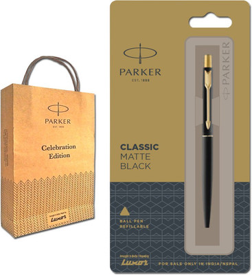 PARKER Classic Matte Black Ball Pen with Gold Plated Clip with Gift Bag Ball Pen(Ink Color - Blue)