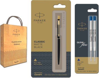 PARKER Classic Matte Black Ball Pen with Gold Plated Clip with Combo Flow Refill Ball Pen(Pack of 2, Blue)