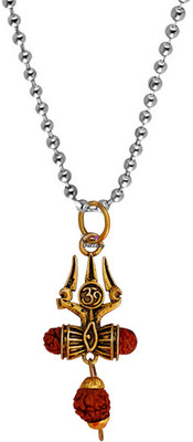 Sullery Lord Shiv Mahadev Om Trishul Damaru Word With Panchmukhi Rudhrasha Bead Locket With Chain Gold-plated Brass Pendant