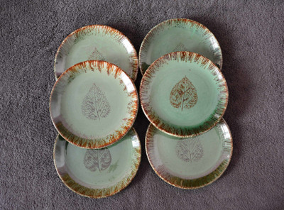 Renhomz Premium Ceramic Hand-Made Snack Plate| Bodhi Green Leaf Design | Quarter Plate | Dinner Side Plate | Size 7 inch |Microwave Safe, Oven Safe |Set of 6 Plates Quart