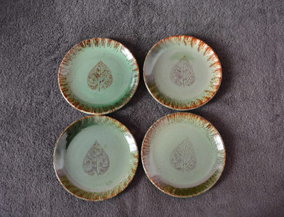 Renhomz Premium Ceramic Hand-Made Snack Plate| Bodhi Green Leaf Design | Quarter Plate | Dinner Side Plate | Size 7 inch |Microwave Safe, Oven Safe |Set of 4 Plates Quart