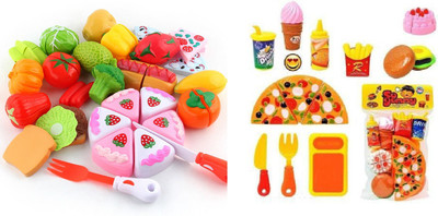 ALLAMWAR Realistic Sliceable Fruits Vegetables Fast Food Bakery Products Cake Doughnuts Fast Food Toy Pizza Cutting Play Set