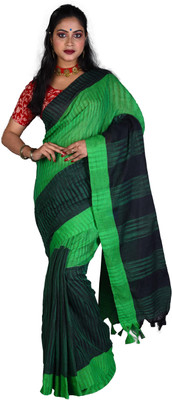 SUSHRITA BOUTIQUE Striped Handloom Pure Cotton Saree(Green, Black)