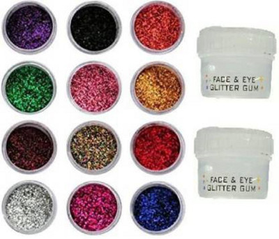 Glamezone Multicolor Shining Eyeshadow Shimmer / Glitter Powder 12 Pcs with Two Glitter Glue(Multicolor)