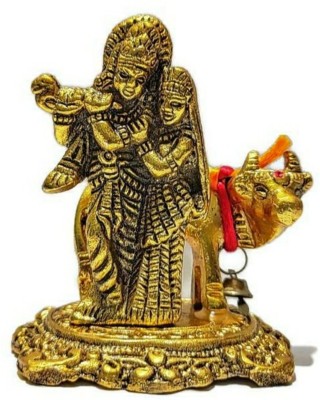 SP Handicrafts Lord Radha Krishna Murti with Cow | Love Couple Statue of Radha Krishna ji Decorative Showpiece  -  9 cm(Brass, Gold)