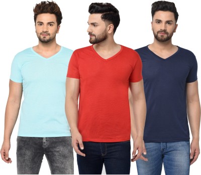 Jaskart Solid Men V Neck Dark Blue, Light Blue, Red T-Shirt