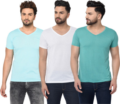 Jaskart Solid Men V Neck White, Blue T-Shirt