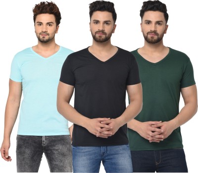 Tivy Solid Men V Neck Dark Green, Light Blue, Black T-Shirt